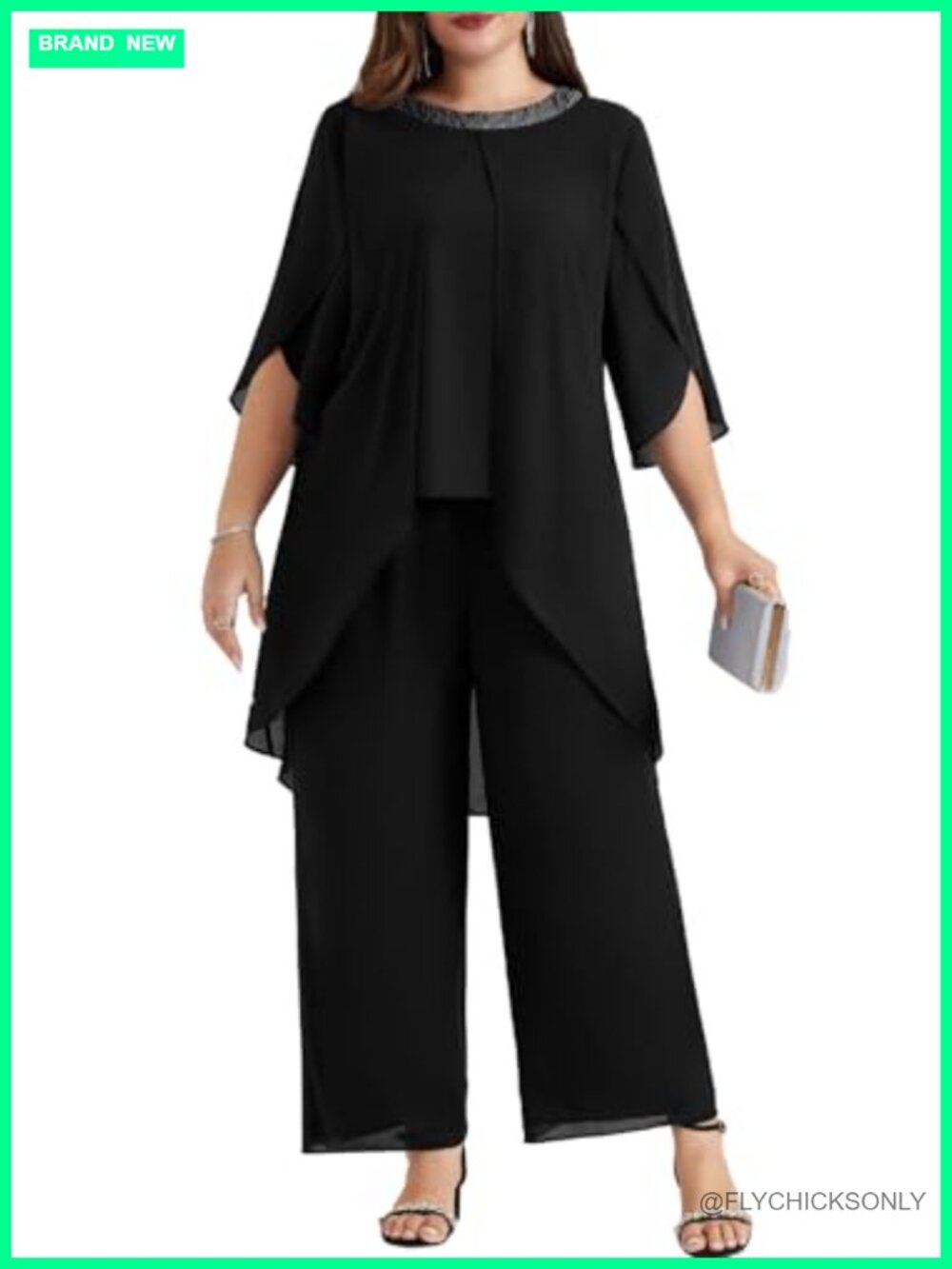 Plus Size 2 Piece Chiffon Pant Suit Set High Low Hem Wedding Guest